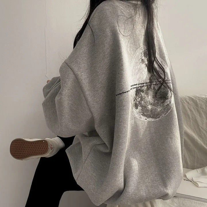 Vintage Back Moon Print Pullover Sweatshirt - fairypeony