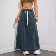 Elastic Waist Drawstring Flared Denim Skirt