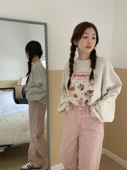 Crewneck Strawberry Print Loose Cotton Sweatshirt Pullover