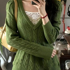 Lace Patchwork Knit Sweater with Waist-Cinching Design