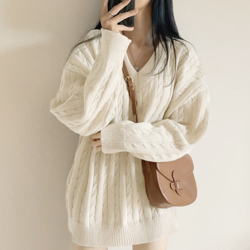 V-neck Mid-length Sweater Thick Long-sleeved Knitted Top