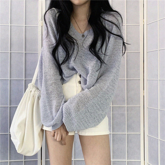 V-Neck Oversized Long Sleeve Knitted Loose Tee