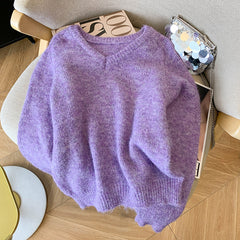 Elegant Solid Color V-Neck Soft Pullover Sweater for Women