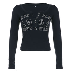 Number Letter Print Breasted Slim Long Sleeve Tee - fairypeony