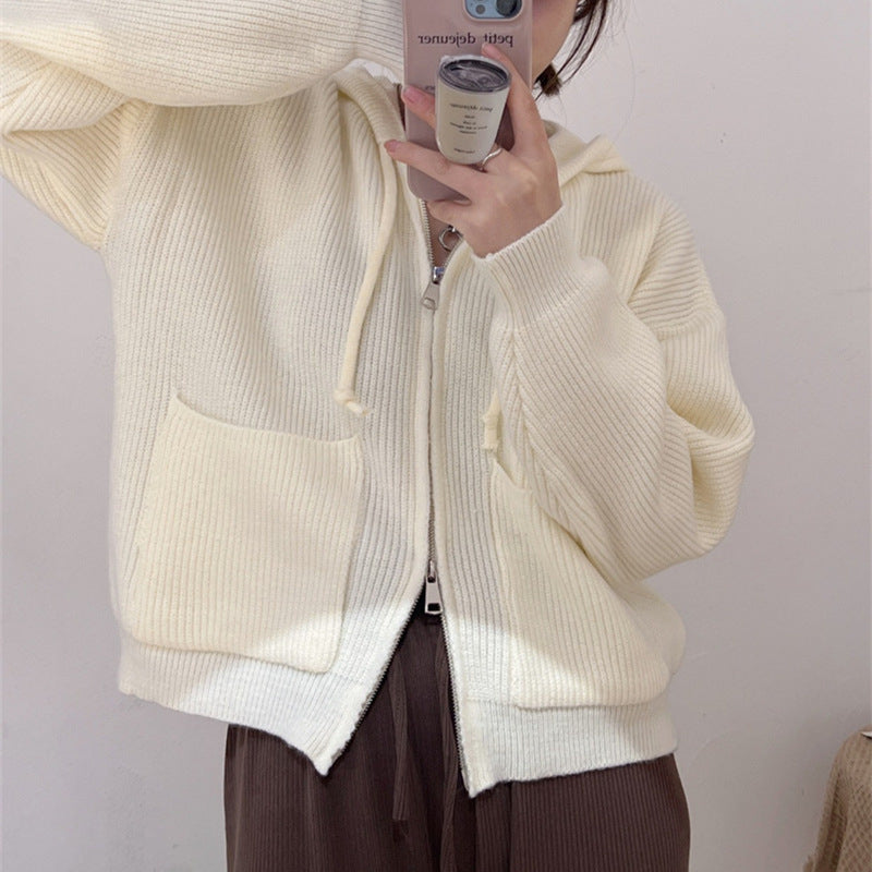 Solid Hooded Zip Up Knit Cardigan