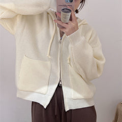 Solid Hooded Zip Up Knit Cardigan