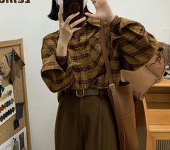 Plaid Print Loose Long Sleeve Blouse