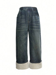 Fleece Denim Wide-Leg Pants