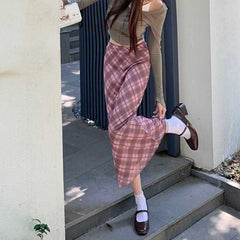 Vintage Plaid Print Maxi Skirt