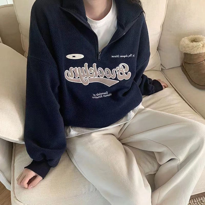 Half-Zip Fleece Sweatshirt Loose Casual Plush Jacket