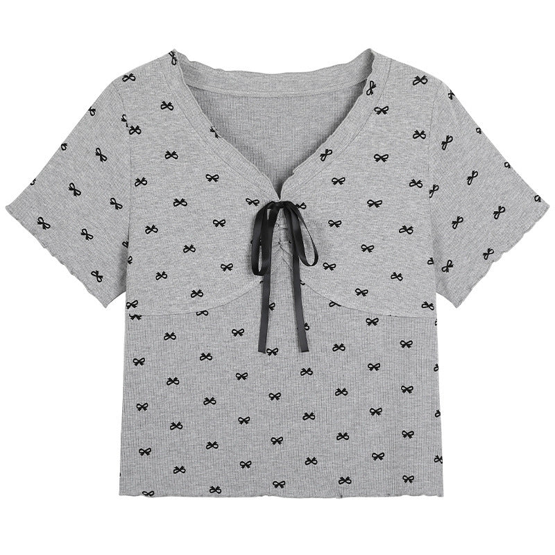V-neck Bow Print Short Sleeve Tee