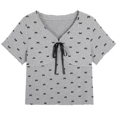 V-neck Bow Print Short Sleeve Tee