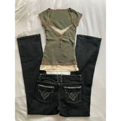 2000s Vintage Square-Neck Short-Sleeve Top – Faux Two-Piece Lace Cami in Green S–L