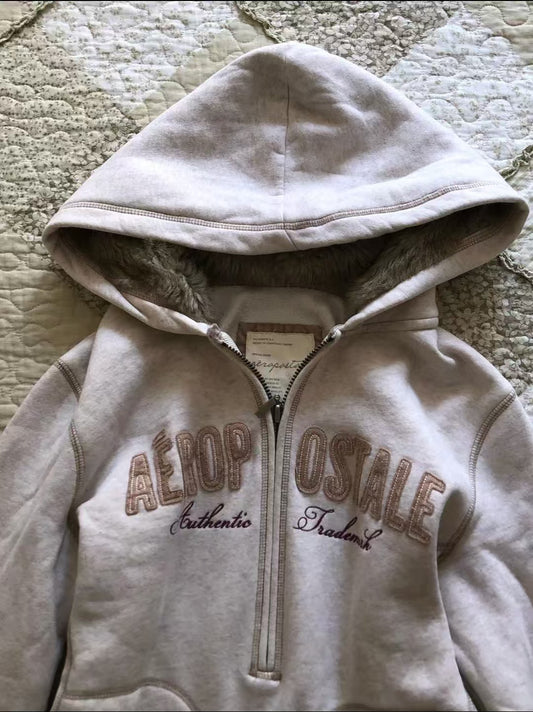 Retro Letter Hooded Zip-Up Sweatshirt – Silver Fox Fleece Lined Hoodie in Gray S–XL