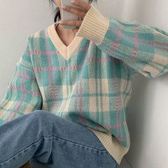 Vintage Plaid Striped V-Neck Pullover Sweater