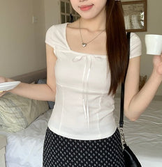 Lace Trim Square Collar Bow Short Sleeve Tee