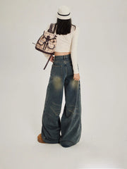 Womens High Waist Wide Leg Denim Pants