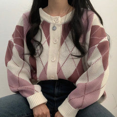 Vintage Argyle Print Oversized Cardigan
