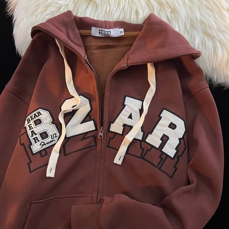 Letter Embroidery Zip Up Oversized Hoodie - fairypeony