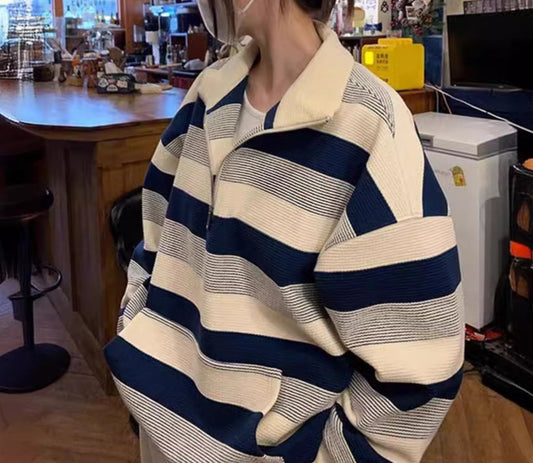 Vintage Striped Print Half Zip Oversized Sweatshirt