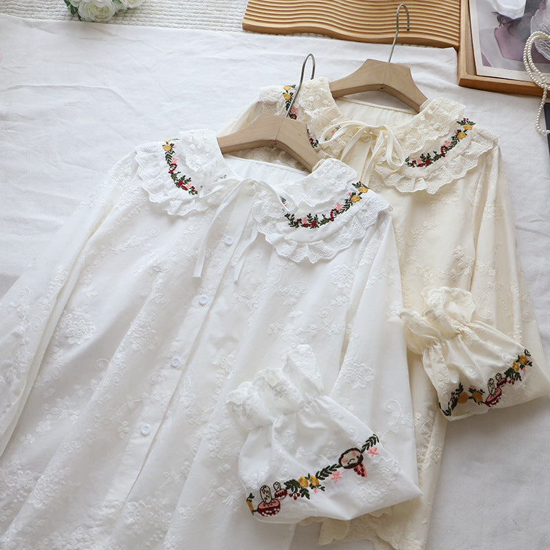 Embroidered Doll Collar Long Sleeve Blouse - fairypeony