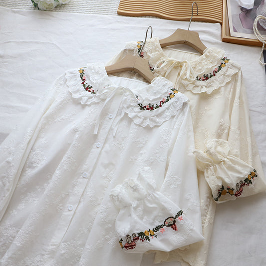 Embroidered Doll Collar Long Sleeve Blouse - fairypeony