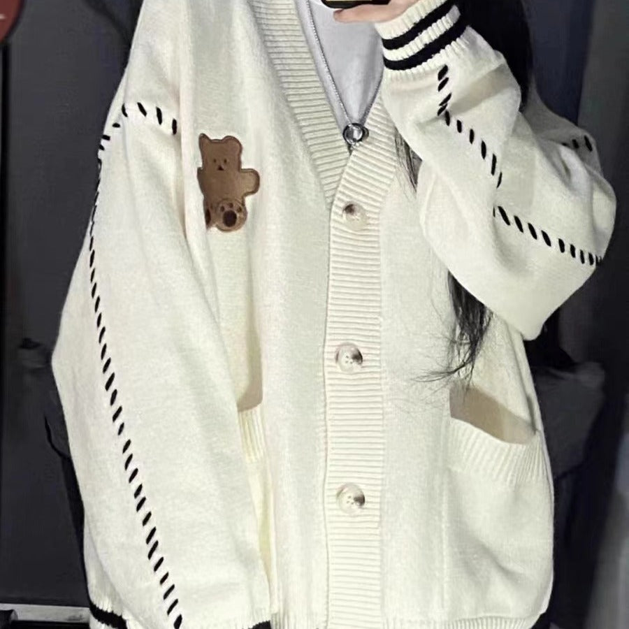 Embroidered Bear Striped Oversized Cardigan - fairypeony