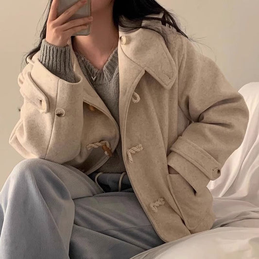 Horn Button Hooded Oversized Preppy Jacket