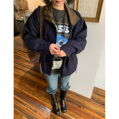 Retro stand-up collar zip-up loose jacket