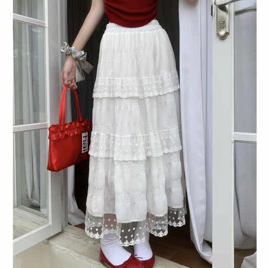 Solid Color Lace Patchwork Ruffled Maxi Skirt