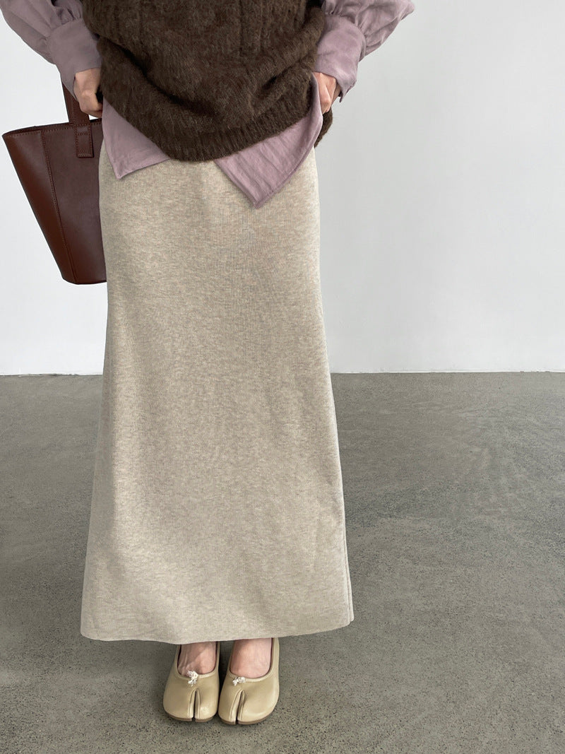 Elastic Waist Knitted Wool Blend Straight Midi Dress – Warm Drawstring Skirt Dress