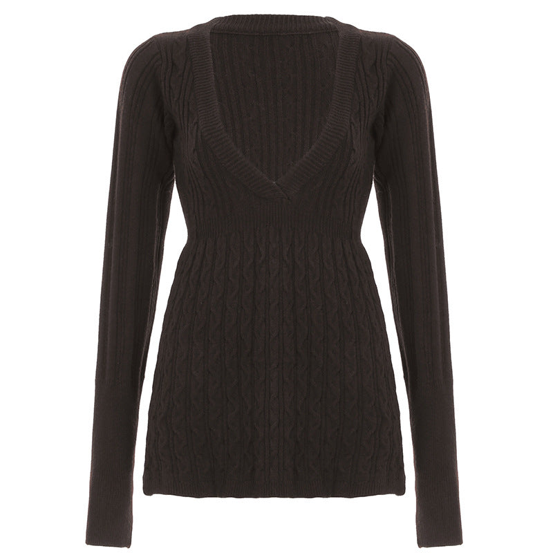 Retro V-Neck Knit Sweater – Twist-Pattern Pullover in Brown Red Grey S–L