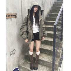Hooded Loose Fit Imitation Lamb Wool Coat – Mid-Length Workwear Jacket