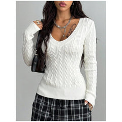 Women's Slim Fit Cable Knit Pullover Sweater V-Neck Long Sleeve