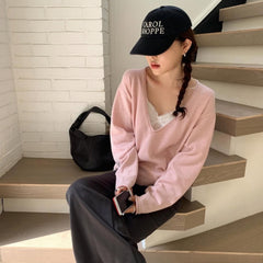 Women V-Neck Long Sleeve Solid Casual Knit Sweater
