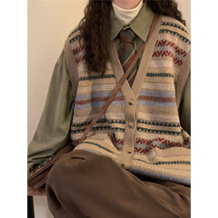 Preppy Print Oversized V-Neck Knitted Vest
