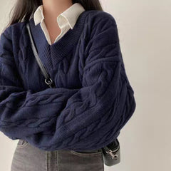 Korean Chic Cable Knit Loose Fit Pullover Sweater – Thick Warm Top