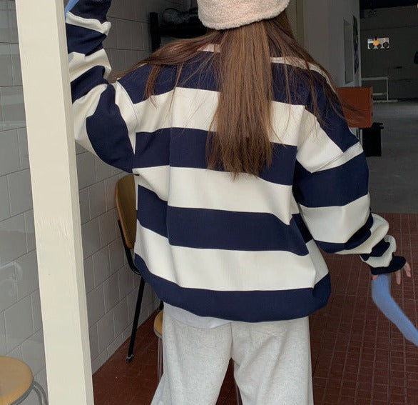 Vintage Polo Collar Striped Oversized Tee - fairypeony