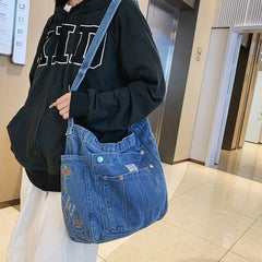 Aesthetic Denim Large Canvas Crossbody Bag - fairypeony