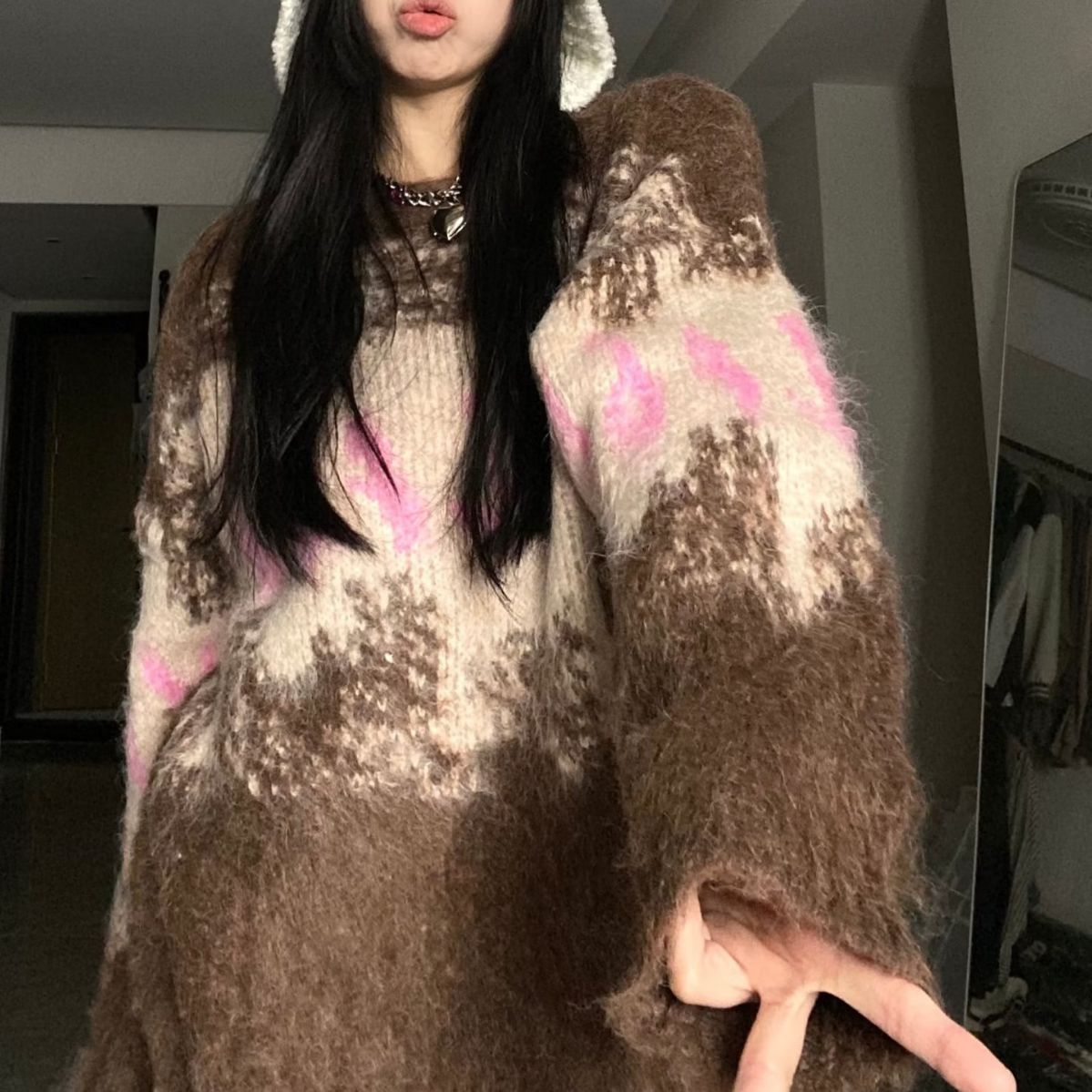 Fuzzy Contrast Color Print Oversized Sweater - fairypeony