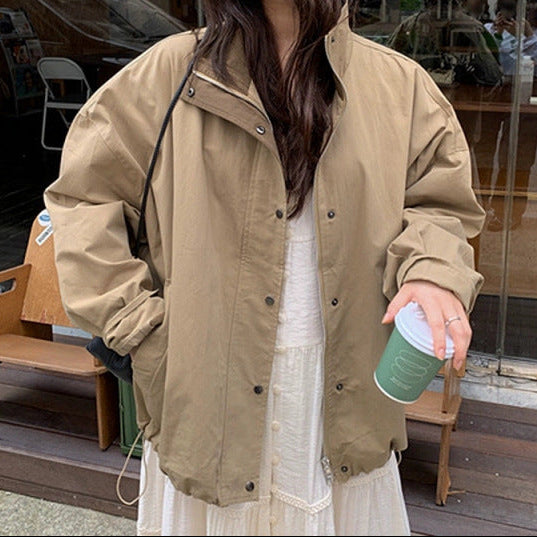 Retro Stand-Up Collar Zip-Up Loose Jacket – Korean Leisure Coat in 2 Colours