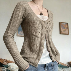 Twist-Knit Button Cardigan with U-Neck
