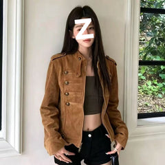 Suede Stand-Up Collar Short Jacket – Loose Fit Coat with Metal Buttons
