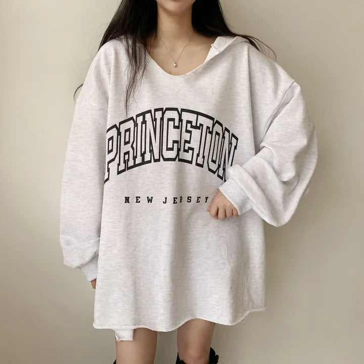 Letter Print Oversized Hooded Long Sleeve Tee - fairypeony