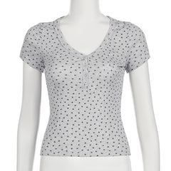 V-Neck Floral Striped Short Sleeve Tee - fairypeony