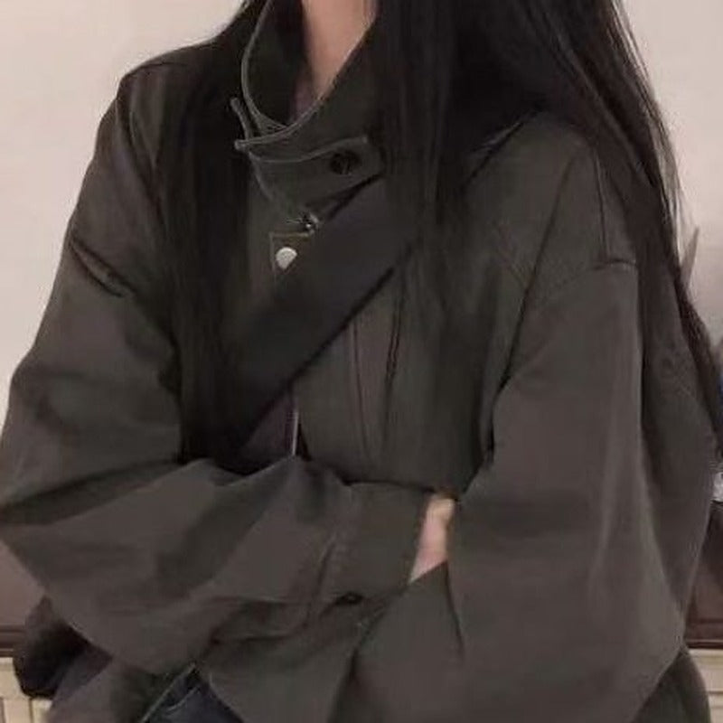 Korean style stand collar zip jacket in dark gray, front view