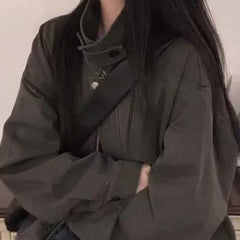Korean style stand collar zip jacket in dark gray, front view