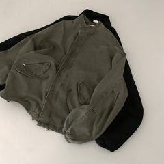 Vintage Stand Collar Long-Sleeve Zipper Jacket – Korean Chic Loose Coat in 2 Colours