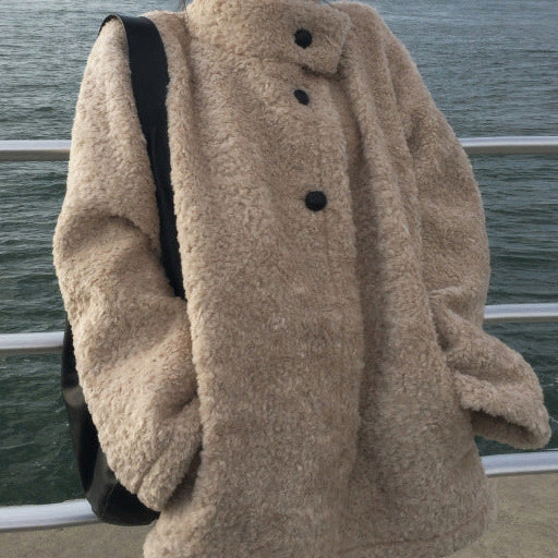 French Retro Fur Collar Warm Coat – Bouclé Teddy Loose Boxy Winter Coat