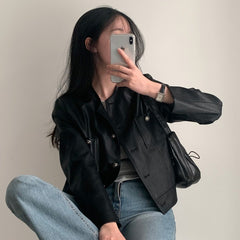 Vintage Round Neck Pu Leather Button Jacket